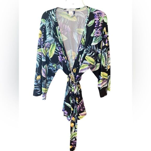 Linea Donatella Sz XL 2-Piece Black Lemon Luxury Wrap Robe & Bottoms Loungeware - Picture 2 of 8